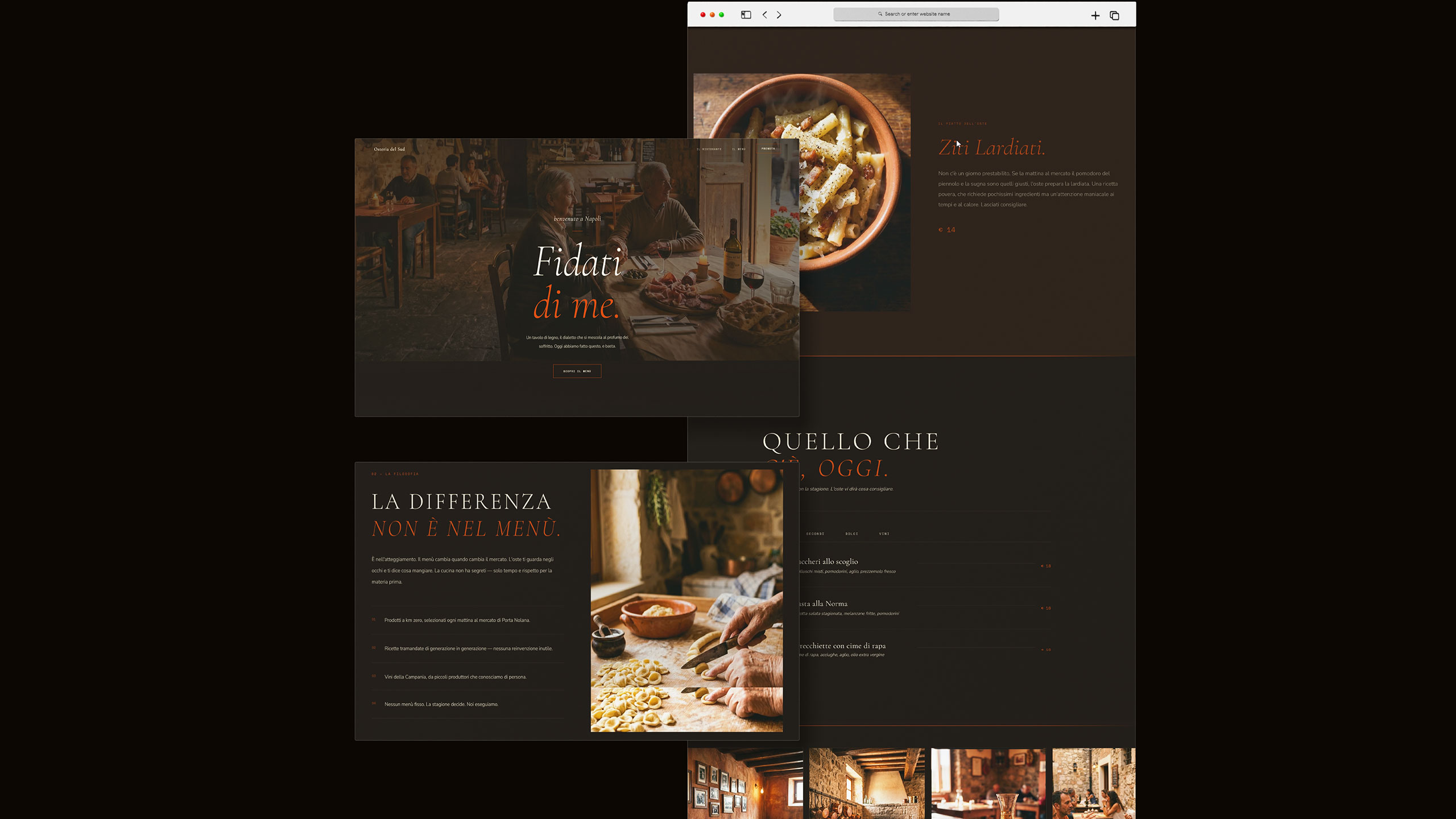Osteria del Sud — sistema visivo completo su tre viewport